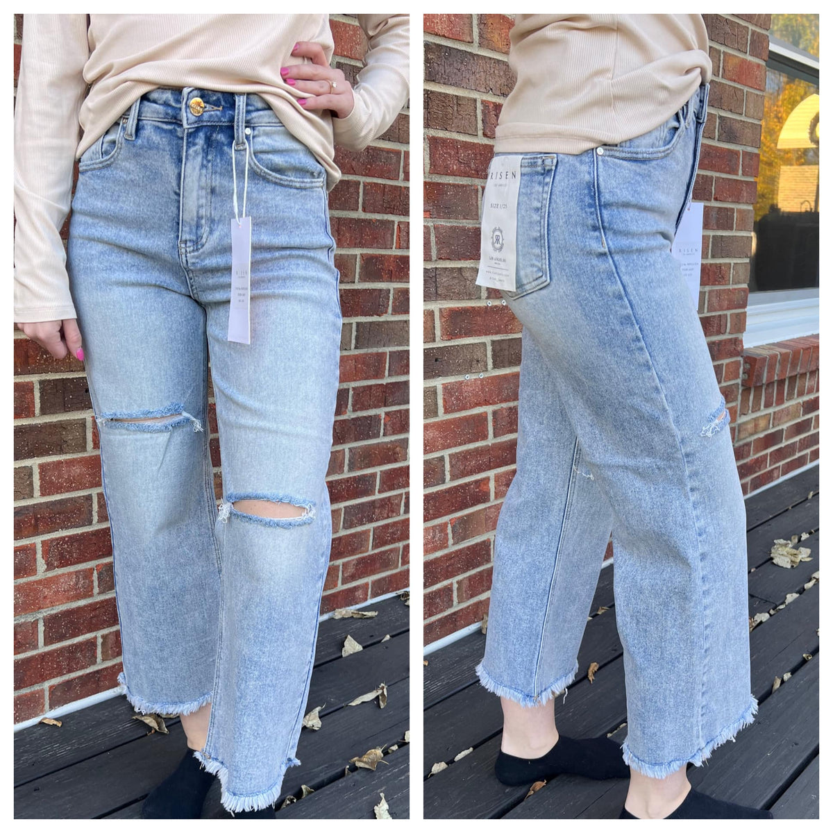 Risen-HIGH RISE CROP WIDE FRAYED JEANS